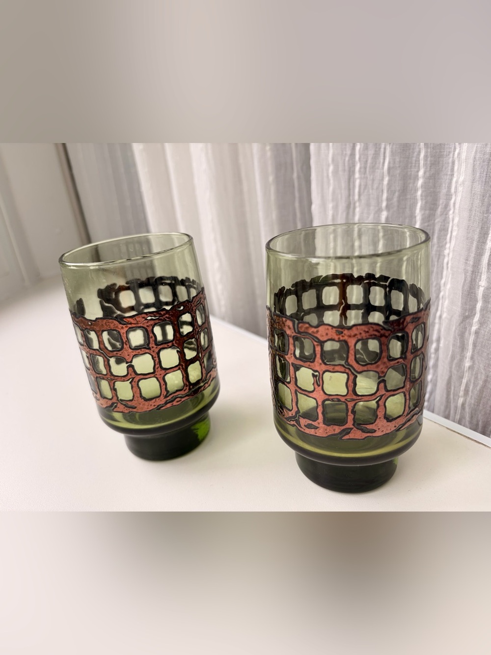 RARE VTG Libbey Signed 2 Green Glass Tumblers Copper Monogram MCM 1970s Barware - Picture 5 of 14